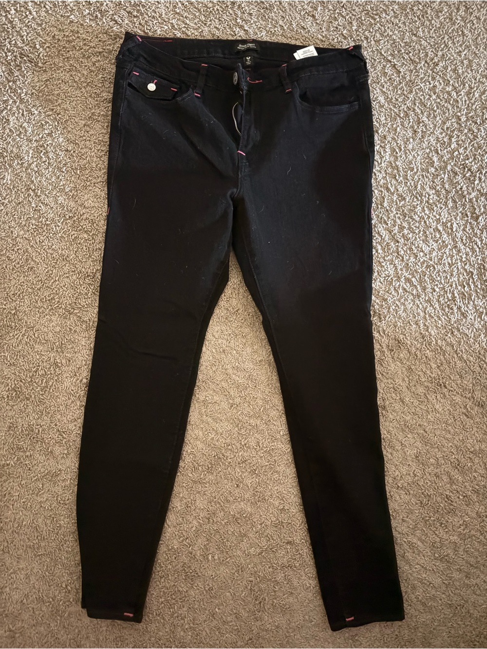 True Religion Black Skinny Jeans with Subtle Pink Stitching